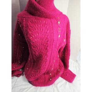 Vtg 90's Chelsea Yours Boho L Pink Mohair Blend Turtleneck Sweater Indie Retro